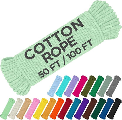 TECEUM Cotton Rope 3/16” (5 mm) – 50 FT – Strong All-Purpose Braided Rope – Natural Cotton – for Crafting, Сamping, Clothes Line, DIY, Indoor & Outdoor Use – Mint