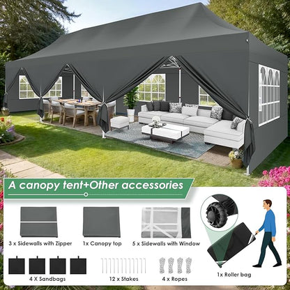 COBIZI 10x30 Pop Up Canopy Party Tents for Parties Waterproof Outdoor Event Shelter with 8 Sidewalls Camping Commercial Wedding Portable Easy to Set up Gazebo Tent for Backyard, Grey
