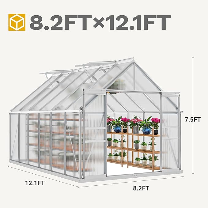 DWVO 8x12FT Polycarbonate Greenhouse Heavy Duty Green Houses Outdoor Aluminum Greenhouses with Sliding Doors Vent Window Walk-in Greenhouse Large Sun House for Garden Backyard, Matte Sliver