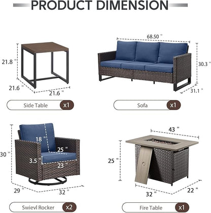 5 Piece Wicker Patio Furniture with Fire Pit Table - Outdoor Conversation Set with 50,000 BTU Fire Pit, All Weather Rattan Patio Set for Deck Backyard Garden - Brown Wicker Blue Cushion