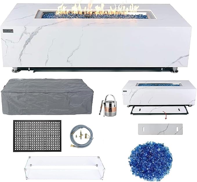 Elementi+ | Bundle Carrara Gas Fire Pit | Marble Porcelain & Metal Frame | 60" Rectangular Fire Table | Electronic Ignition | Canvas Cover, Fire Glass & Burner Lid Included | White | Natural Gas