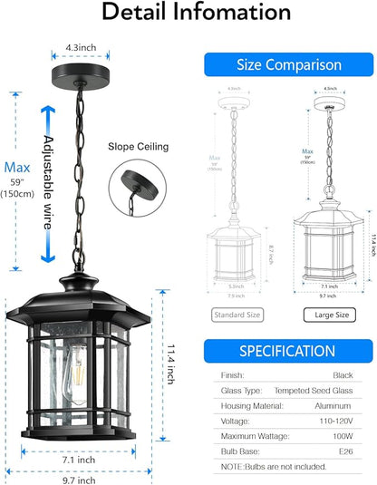 VIANIS Large Outdoor Pendant Light, Black Chandelier Lantern, Anti-Rust Outdoor Hanging Lights, Porch Lights Ceiling with Tempered Seed Glass for House