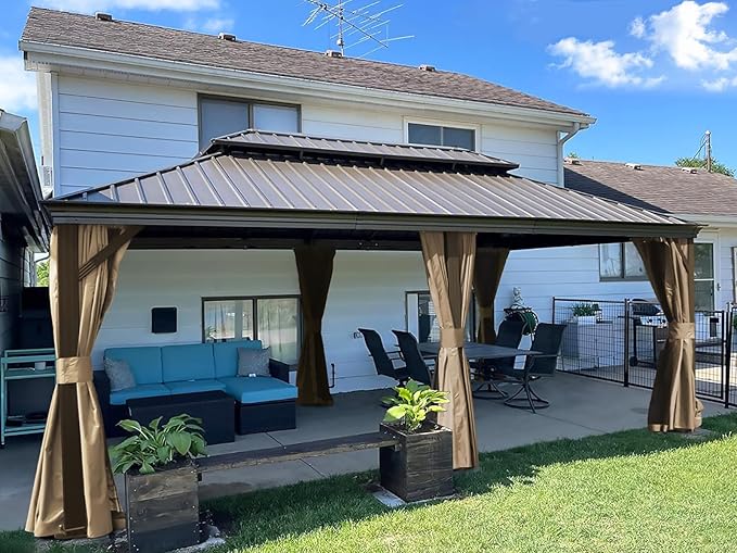 Domi Outdoor Living 14’ X 20’ Hardtop Gazebo, Outdoor Aluminum Frame Canopy with Galvanized Steel Double Roof, Outdoor Permanent Metal Pavilion with Curtains and Netting for Patio, Backyard and Lawn