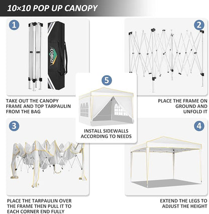 COBIZI 10x10 Pop Up Canopy, Party Tents for Parties Waterproof Outdoor Event Shelter with 4 Sidewalls and 4 Sandbags UV Protection 50+ Camping Commercial Wedding Portable Tent for Backyard, White