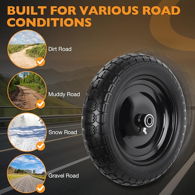 HQPASFY 2 Pack 14.5" Flat Free Tire 4.80/4.00-8 Wheelbarrow Tire and Wheel, 3" Centered Hub, 5/8" & 3/4" Bearings Replacement for Wheelbarrows, Garden Carts, Dump Carts, Lawn Equipment