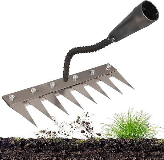 Iron Weeding Rake 2.0, New 5/6/7/8 Teeth Carbon Steel Garden Weeder Rakes, Weeder Puller Tool for Yard Lawn and Garden, Heavy Duty Metal Rake for Lawn, Flower Beds & Soil Aeration(8 Teeth)