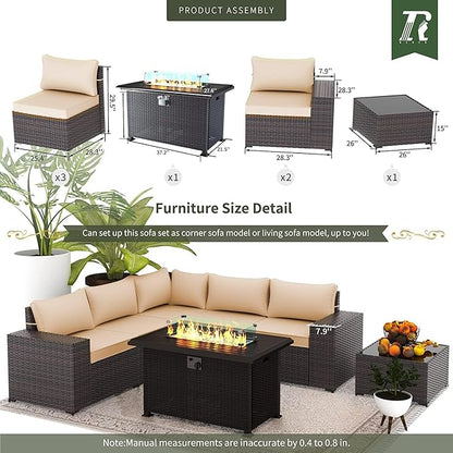 Outdoor Patio Furniture Set with Propane Fire Pit Table, 7 PCS Outdoor Furniture Patio Sectional Sofas Conversation Sets w/ETL Approved 43" Gas Outdoor Fire Table & Coffee Table Brown.