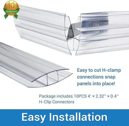 10 PCS Polycarbonate Greenhouse H-Clip Connectors 4ft Length, Fits 0.32’’ & 0.4’’ Twin-Wall Polycarbonate Panels Duty Dust, Rain & Moisture Protection Durable (H-Clip 4' × 2.32’’ × 0.4’’)
