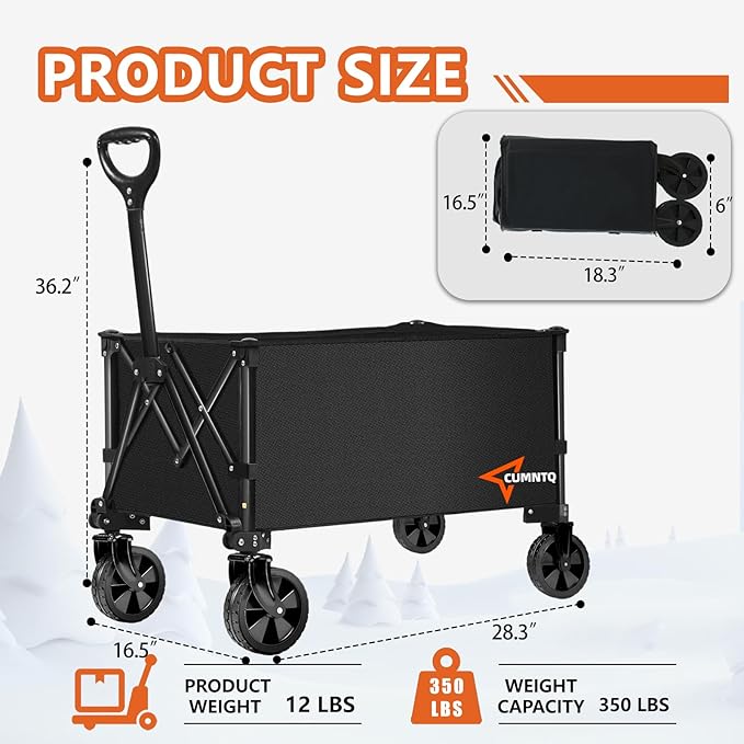Collapsible Folding Wagon, 350lb Weight Capacity Collapsible Wagon with All-Terrain Wheels, Cup Holders and Adjustable Handle Utility Wagon, for Grocery Camping Garden Sports Shopping, Black