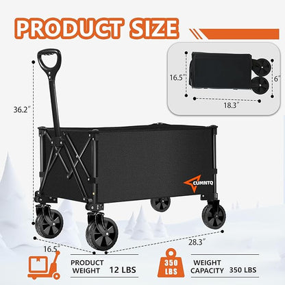 Collapsible Folding Wagon, 350lb Weight Capacity Collapsible Wagon with All-Terrain Wheels, Cup Holders and Adjustable Handle Utility Wagon, for Grocery Camping Garden Sports Shopping, Black