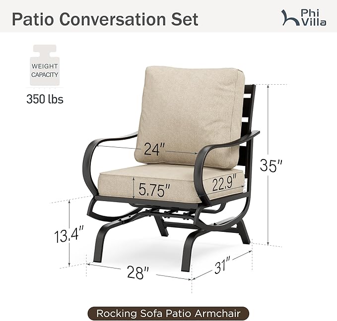 PHI VILLA Patio Conversation Set for 2, Deluxe Outdoor Patio Set with 2 C-Base Padded Sofa Chair
