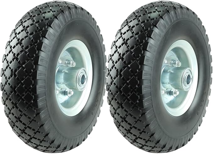 KF4003 Twin Pack 10-Inch Solid Rubber Tire Wheels Replacement 3.00-4 Tires Wheels Flat Free with 5/8" Bearings 2.15" Offset Hub Perfect for Hand Truck Wheelbarrow Garden Cart Non-Flat