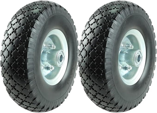KF4003 Twin Pack 10-Inch Solid Rubber Tire Wheels Replacement 3.00-4 Tires Wheels Flat Free with 5/8" Bearings 2.15" Offset Hub Perfect for Hand Truck Wheelbarrow Garden Cart Non-Flat