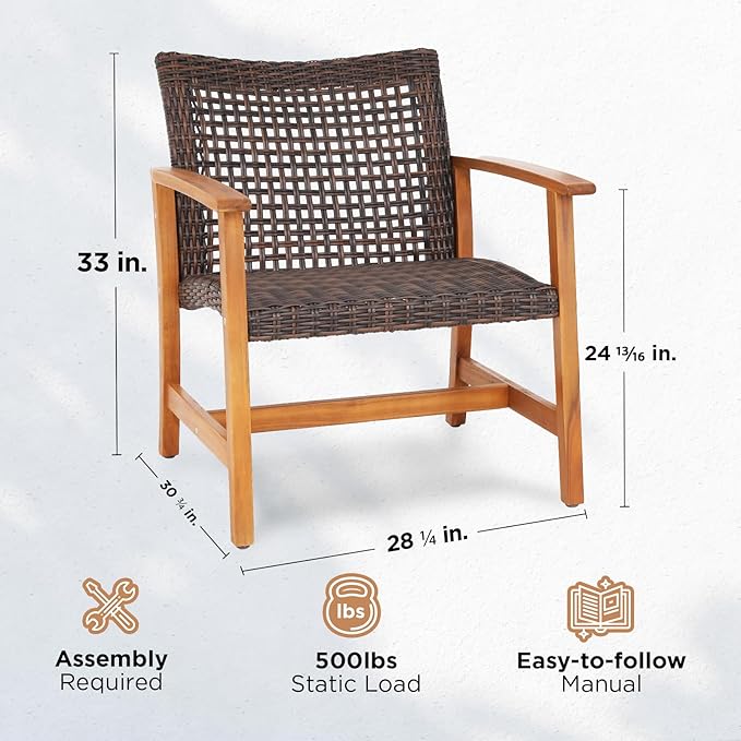 IDZO Liberte 500lbs Capacity Acacia Outdoor Club Chairs Set of 2, FSC Teak Finish Wood Patio Furniture Sets with Upgraded 2000Hours UV Resistant Wicker