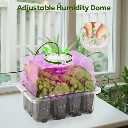 MIXC Seed Starter Kit with Grow Light, Elevated Seedling Tray Kit with Adjustable Humidity Dome and Clear Cell Tray, 12 Full Spectrum Led Beads for Seed Starting Greenhouse, 4 Pack, Transparent