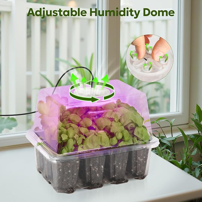 MIXC Seed Starter Kit with Grow Light, Elevated Seedling Tray Kit with Adjustable Humidity Dome and Clear Cell Tray, 12 Full Spectrum Led Beads for Seed Starting Greenhouse, 6 Pack, Transparent