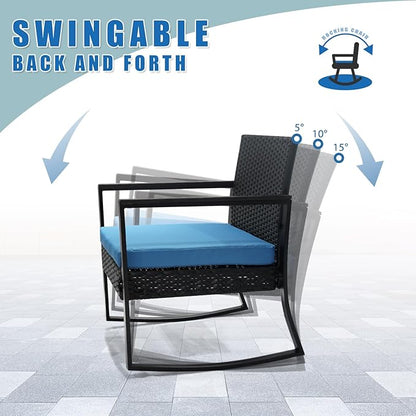 3 Pieces Outdoor Patio Set -Wicker Rattan Chair Conversation Set with Glass Table for Poolside Yard Rocking Chair Set for Bistro Garden Front Porch All Weather Patio Furniture Set