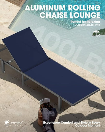 Patio Chaise Lounge Chair Set of 2, Outdoor Lounge Chairs with Wheels, 5-Position Adjustable Sun Loungers for Pool, Deck, Beach,Navy Blue