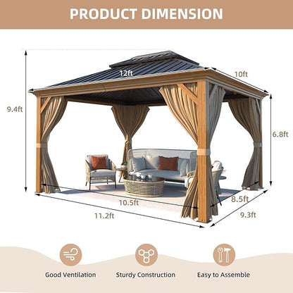 YOLENY 10' x 12' Hardtop Gazebo, Wood-Looking Gazebo with Galvanized Steel Double Roof, Aluminum Frame, Permanent Metal Pavilion with Netting and Curtains for Deck, Backyard, Patio and Lawns