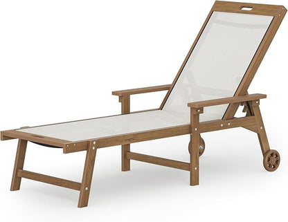 LUE BONA Chaise Lounge Chair Outdoor, HDPS and HDPE Wicker Chaise Lounger with 5 Positions, Pool Lounge Chairs with Wheels and Adjustable Backrest for Patio, Poolside, Deck, Backyard