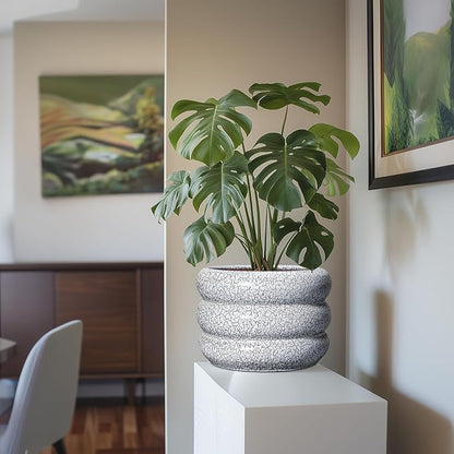 SQOWL Ceramic Planter - 10 Inch Ceramic Plant Pot Indoor, Round Planter with Drainage Hole, Modern Flower Pots Outdoor, Home Living Room Garden Decor, Gardening Gifts, Black and White