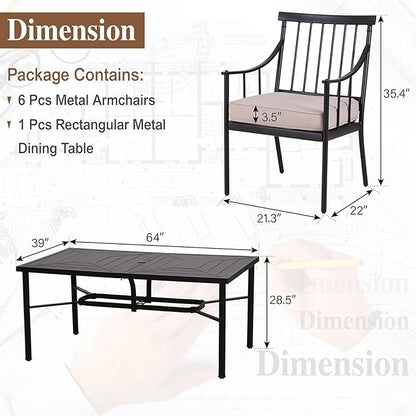 Sophia & William 7 Pieces Metal Patio Dining Set, Rectangle Outdoor Table of 1.77" Umbrella Hole and 6 Armchairs with Seat Cushions, Outdoor Conversation Furniture for Porch Backyard Balcony Deck