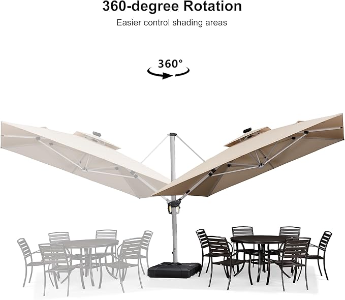 PURPLE LEAF 11 Feet Solar Powered LED Square Cantilever Umbrella With Base Patio Umbrellas Windproof Hanging Umbrella Outdoor Umbrellas Offset Umbrellas, Beige