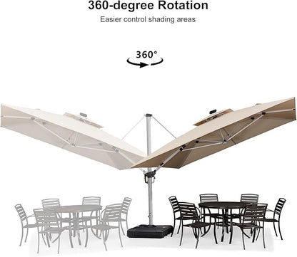 PURPLE LEAF 11 Feet Solar Powered LED Square Cantilever Umbrella With Base Patio Umbrellas Windproof Hanging Umbrella Outdoor Umbrellas Offset Umbrellas, Beige