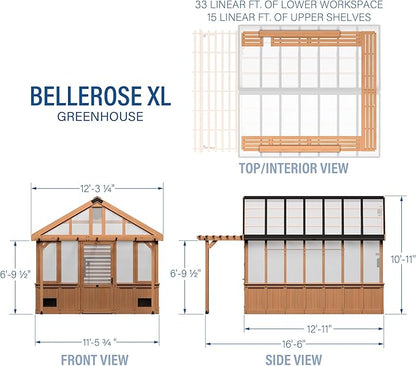 Backyard Discovery Bellerose XL 13' x 11' Cedar Wood and Polycarbonate Walk-in Greenhouse Kit with Pergola, Exhaust Fan, Windows, Hose Hook-Ups, PowerPort, Staging Shelves for Outdoor Gardening