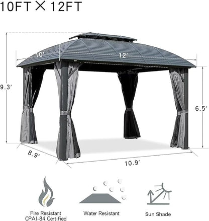 Domi 10'x12' Hardtop Gazebo Arc Canopy,Outdoor Aluminum Gazebo with Galvanized Steel Double Roof,Curtain and Netting,Permanent Gazebos Pavilion for Patio Deck,Backyard,Gray