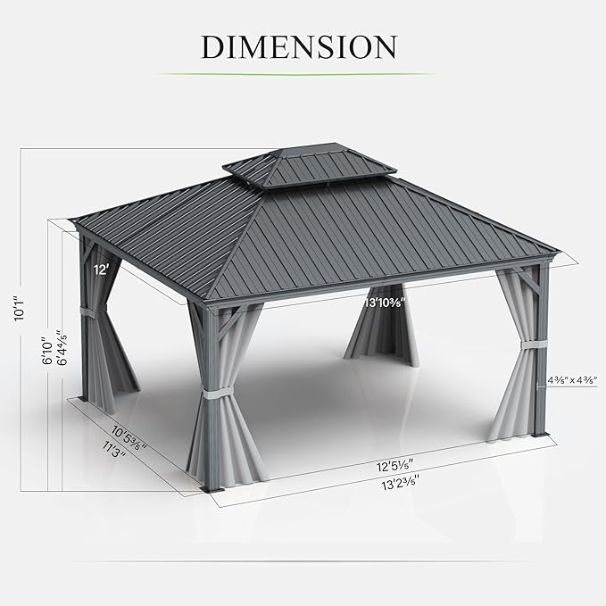 Domi 12'x14' Hardtop Gazebo Canopy,Outdoor Aluminum Gazebo with Galvanized Steel Double Roof,Permanent with Drainage System,Curtain and Netting Included,Grey
