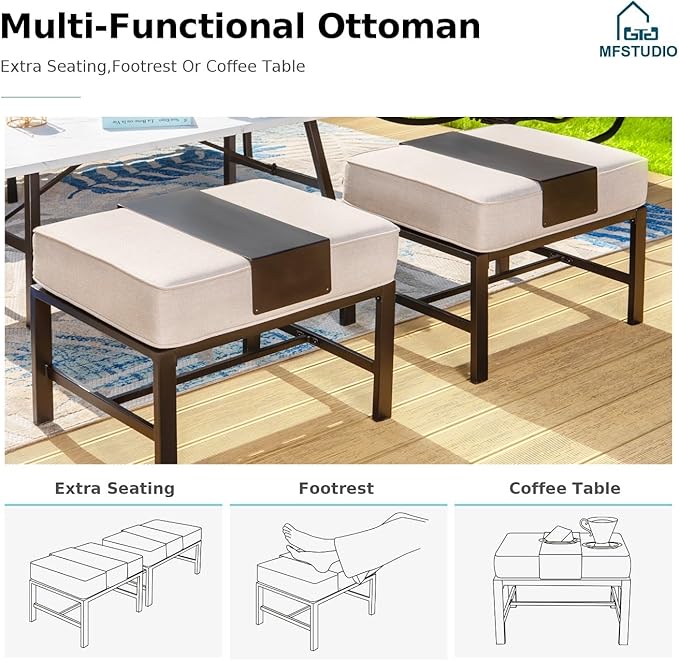 MFSTUDIO 6 Pieces Patio Furniture Sets with 45" Gas Fire Pit Table(Up to 7 Seat),Outdoor Metal Conversation Sofas with 1 x 3-Seat Sofa, 2 Swivel Chairs and 2 Ottoman,Beige Cushion
