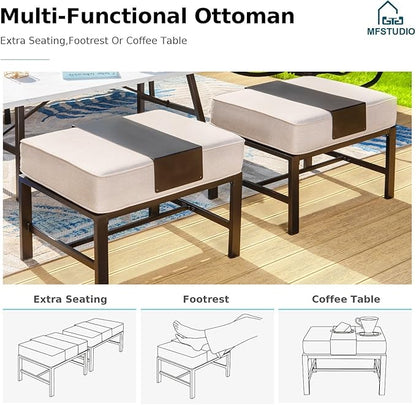 MFSTUDIO 6 Pieces Patio Furniture Sets with 45" Gas Fire Pit Table(Up to 7 Seat),Outdoor Metal Conversation Sofas with 1 x 3-Seat Sofa, 2 Swivel Chairs and 2 Ottoman,Beige Cushion
