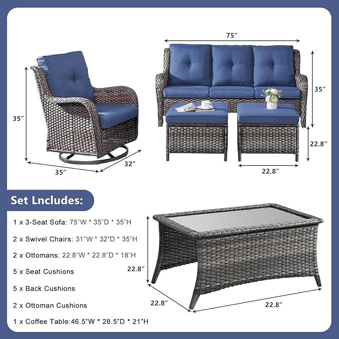 Rilyson 6 Piece Outdoor Patio Furniture Set - Rattan Wicker Patio Conversation Sets with 2 Swivel Rocker Chairs,2 Ottomans,1 Sofa and 1 Coffee Table for Outside Porch Deck Yard (Mixed Grey/Blue)