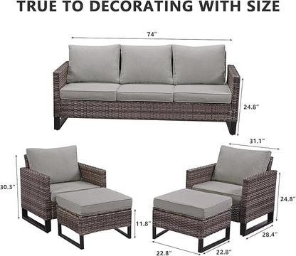 HUMMUH 5 Piece Patio Furniture Set All Weather Wicker Outdoor Sectional Sofa,High Back Patio Chairs and Ottomans for Porch,Garden,Backyard