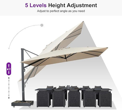 PURPLE LEAF 13' X 10' Rectangle Patio Umbrella Large Outdoor Aluminum Offset Umbrella with 360-degree Rotation Cantilever Umbrella with Base Included for Garden Deck Backyard Pool Beige