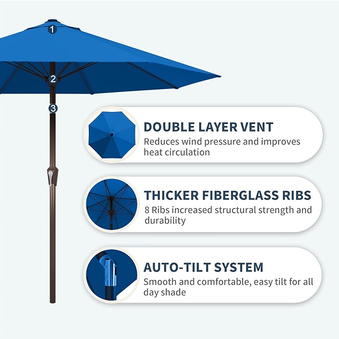 PatioKingdom Auto-Tilt 9FT Patio Umbrella Outdoor with 8 Sturdy Fiberglass Ribs,Market Table Umbrella for Pool,Backyard,Deck and Garden