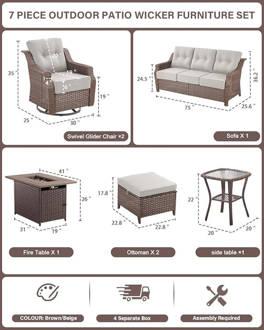 Belord Luxurious 7 Piece Patio Furniture Set with Fire Pit Table, High Back Wicker Swivel Rocker Glider Outdoor Chairs with 6" Cushion, All-Weather Patio Conversation Set for Yard Garden - Brown/Beige