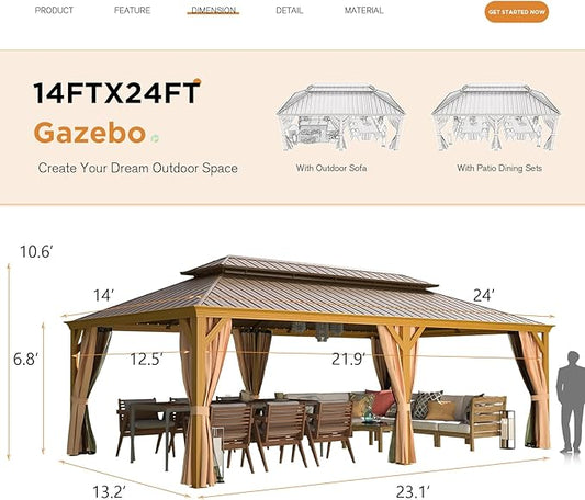 YOLENY 14'x24' Gazebo, Wooden Finish Coated Aluminum Frame Pergola with Double Galvanized Steel Hardtop Roof, Outdoor Permanent Metal Pavilion with Curtains and Nettings for Patio, Backyard and Deck