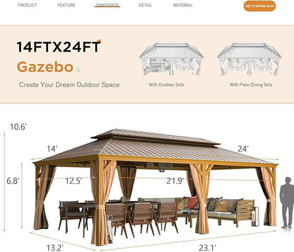 EROMMY 14'x24' Hardtop Gazebo, Galvanized Steel Double Roof with Wood-Looking Aluminum Frame, Outdoor Permanent Metal Pavilion with Curtains and Nettings for Patio, Backyard and Deck