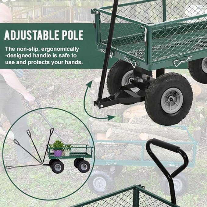 BestMassage Heavy Duty 500 Lbs Capacity Mesh Steel Garden Cart Folding Utility Wagon with Removable Sides for Beach Lawn Yard Landscape (Deep Green)