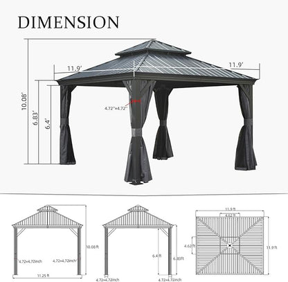 Domi 12'x12' Hardtop Gazebo Canopy,Outdoor Aluminum Gazebo with Galvanized Steel Double Roof,Permanent Gazebos with Drainage System,Curtain and Netting Included,Grey