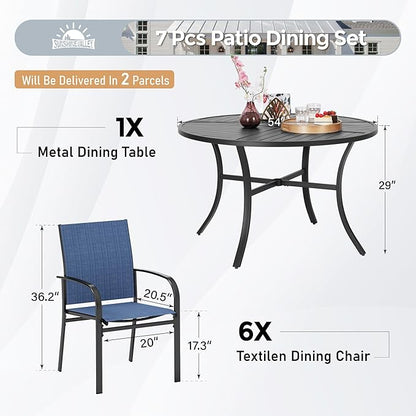 7 Piece Outdoor Dining Set for 6, 54" Round Metal Table with Umbrella Hole, 6 Blue Dining Chairs, Patio Table and Chairs Set for Backyard Lawn