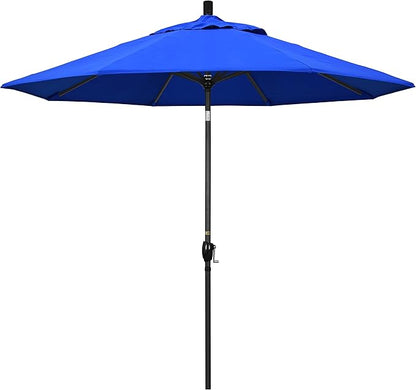 California Umbrella 9' Round Aluminum Market Umbrella, Crank Lift, Push Button Tilt, Black Pole, Sunbrella Pacific Blue