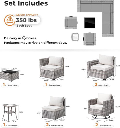 ovios 9 Pieces Patio Furniture Set, Outdoor Wicker Sectional Sofa with 2 Swivel Chairs Coffee Table, Modern Modular Deep Seat Rattan Couch Conversation Sets, Beige