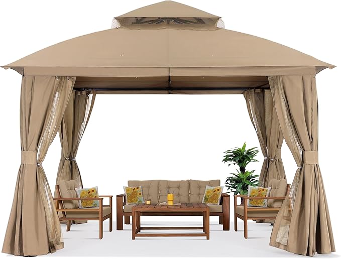 MASTERCANOPY 11'x11' Outdoor Patio Arch Gazebo with Double Roofs, Mosquito Nettings and Privacy Screens for Backyard, Garden, Lawn, Khaki