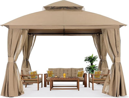 MASTERCANOPY 11'x11' Outdoor Patio Arch Gazebo with Double Roofs, Mosquito Nettings and Privacy Screens for Backyard, Garden, Lawn, Khaki
