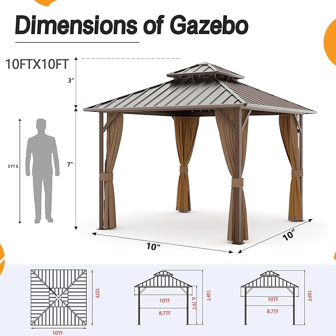 10' x 10' Outdoor Hardtop Gazebo Aluminum Frame with Double Metal Roof, Canopy Netting, Curtain, Patio Permanent Galvanized Steel Gazebo for Backyard, Garden, Party, Deck, Lawn