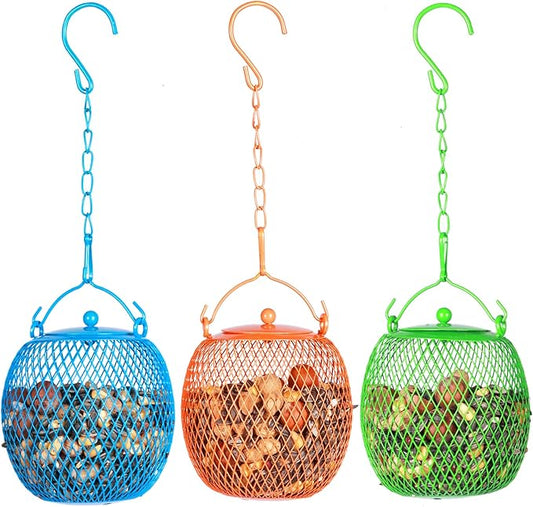 Set of 3 Ball Bird Feeder Squirrel Proof Feeder for Outdoors, Hanging Metal Bird Seed Holder，Mesh Bird Feeders for Garden and Backyard Decoration, Green, Blue,Orange