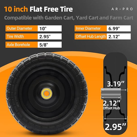 AR-PRO (4-Pack) Replacement Wheels 10 inch Flat Free Tire - Solid Flat-Free Tire and Wheel - 3" Wide Tires with 5/8 Axle Borehole and 2.1" Hub - Compatible with Garden, Yard and Farm Cart